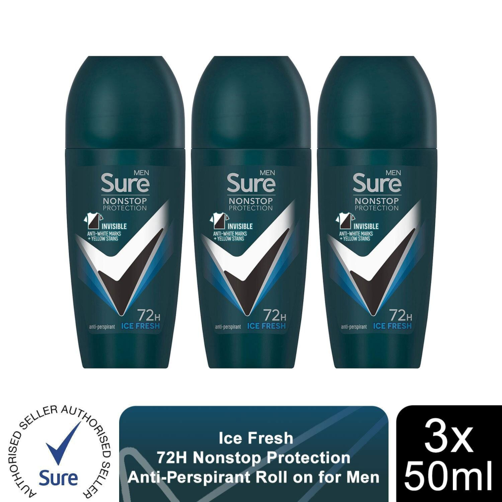 Sure Men's White 'Anti-Perspirant Roll On' 72H Nonstop Protection Ice Fresh, 6X50ml In - Image 2