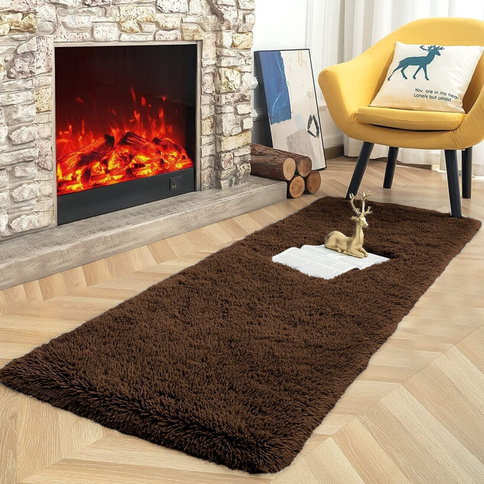 (60cm x 220cm (2ft x 7ft 7") , Brown) Non Slip Shaggy Runner Rug Kitchen Hallway Large Runner Bedroom Living Room Long Runner Rugs