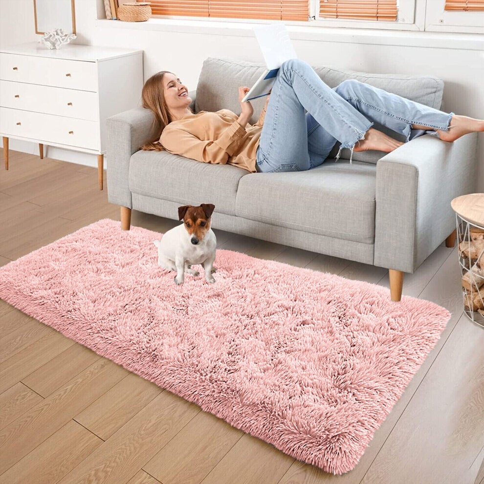 (60cm x 220cm (2ft x 7ft 7") , Pink) Non Slip Shaggy Runner Rug Kitchen Hallway Large Runner Bedroom Living Room Long Runner Rugs