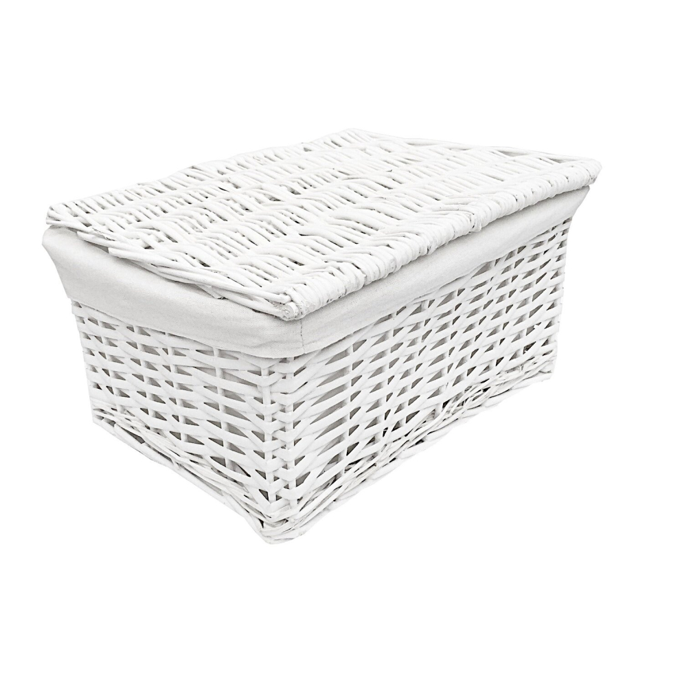 (WHITE, Medium) Lidded Wicker Storage Hamper Basket Lining