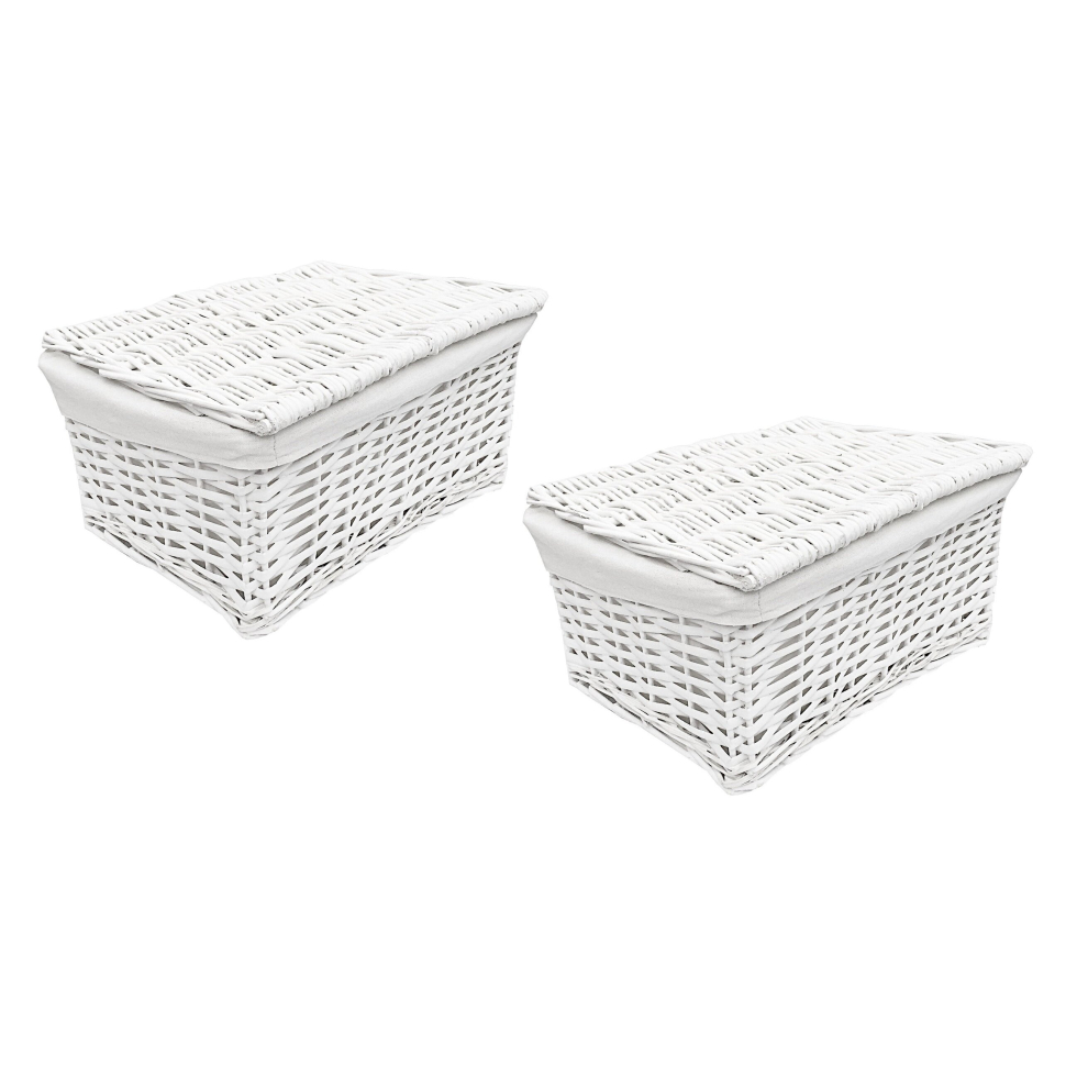 (WHITE, Set of 2 Medium) Lidded Wicker Storage Hamper Basket Lining