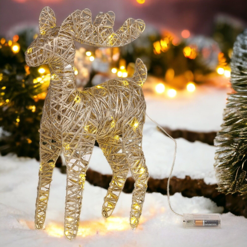 (  Gold) 2x LED Light Up Christmas Reindeer Rattan Metal Wire Stag Statue Decoration 45cm
