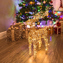 ( Gold Pearl 50cm) 2x LED Light Up Christmas Reindeer Rattan Metal Wire Stag Statue Decoration 45cm