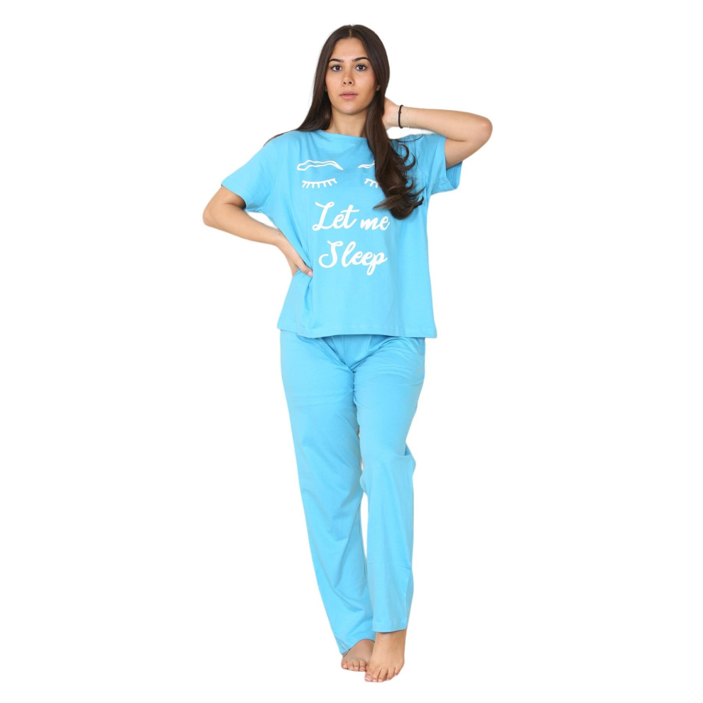 (Blue, L) Malay Ladies Pyjama Set Let me Sleep Print Short Sleeve Cotton Loungewear PJs M to XXL