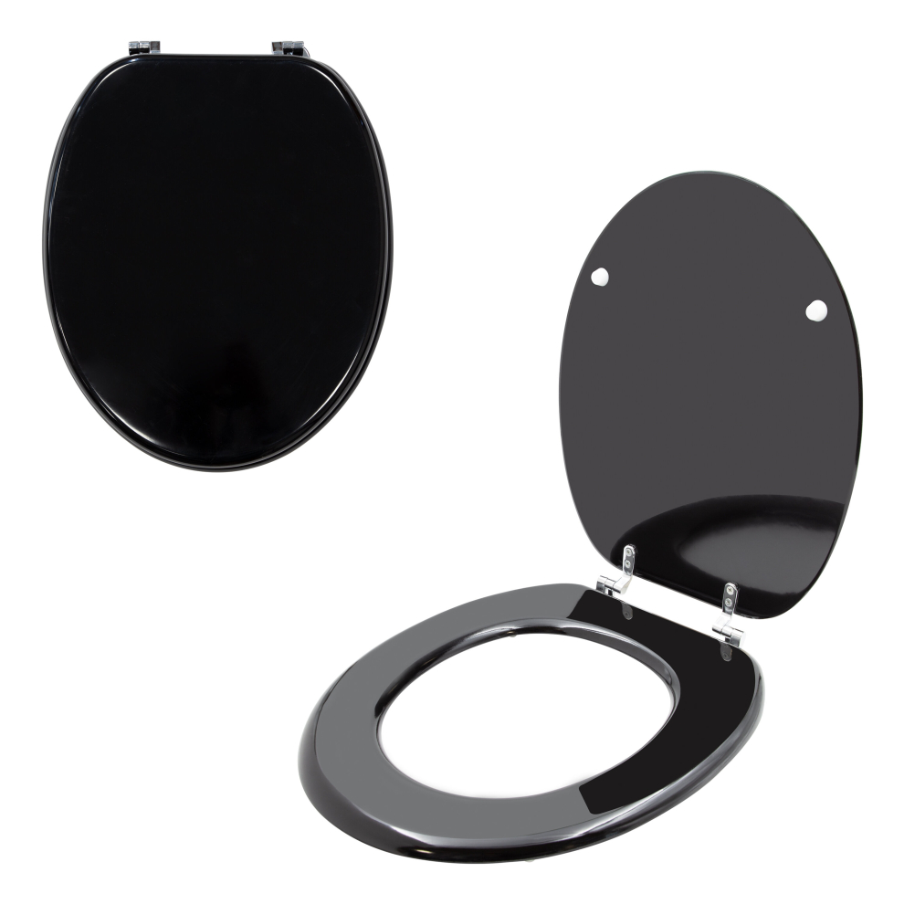 (Black Gloss) Anika Toilet Seat / Chrome Hinges / Easy Installation / 43cm x 37.5cm