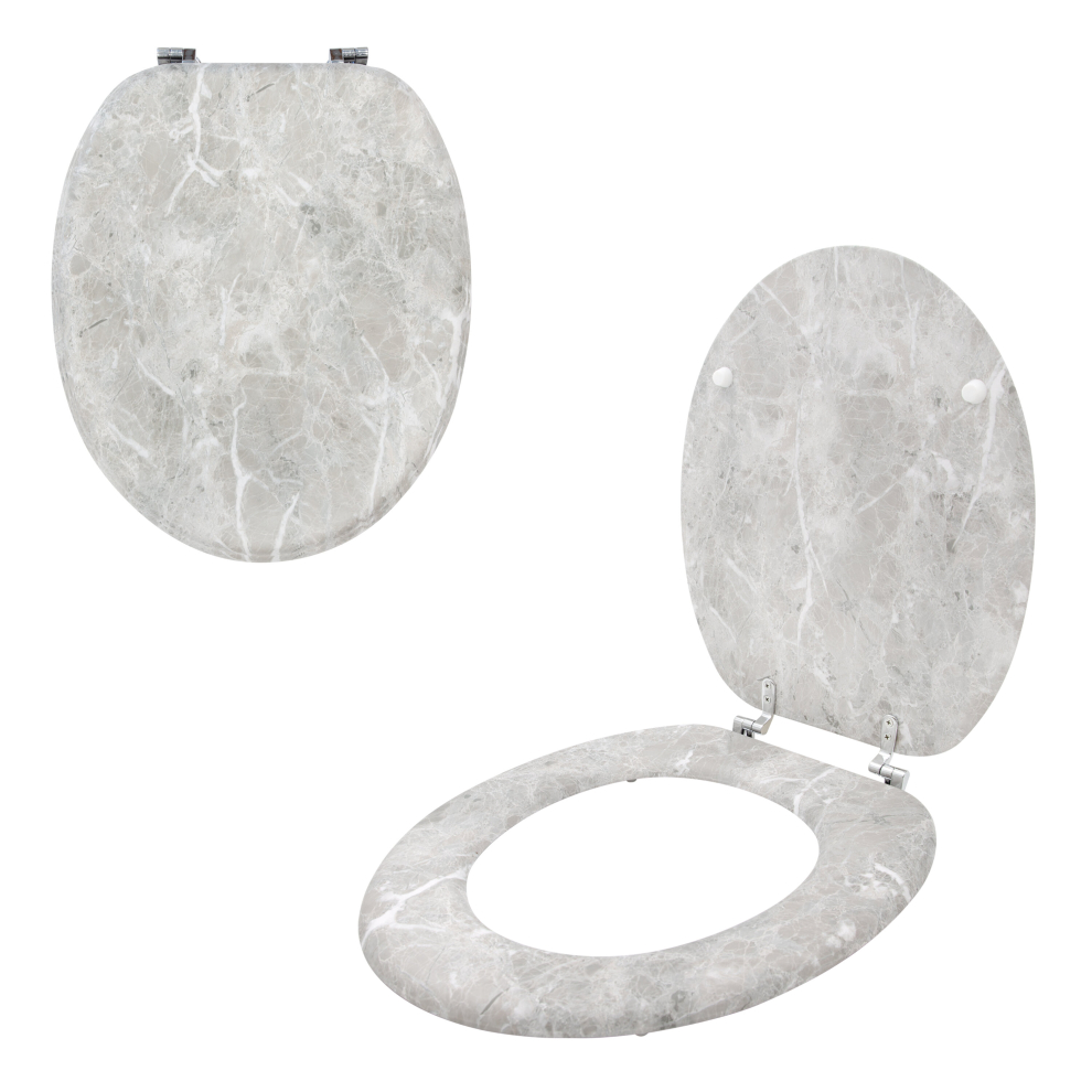 (Grey Marble Effect) Anika Toilet Seat / Chrome Hinges / Easy Installation / 43cm x 37.5cm