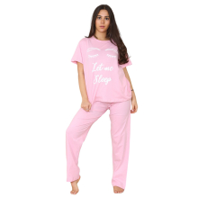 (Pink, XL) Malay Ladies Pyjama Set Let me Sleep Print Short Sleeve Cotton Loungewear PJs M to XXL