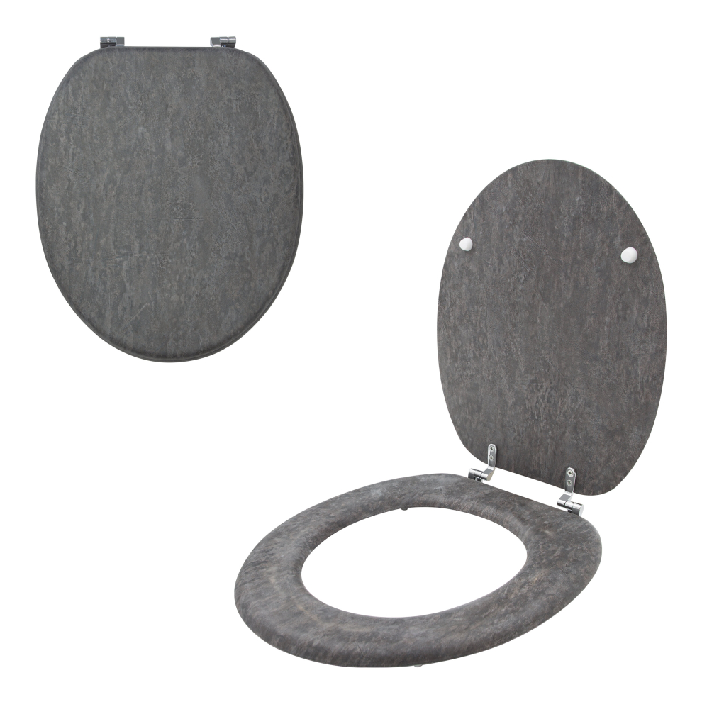 (Grey Slate Effect) Anika Toilet Seat / Chrome Hinges / Easy Installation / 43cm x 37.5cm