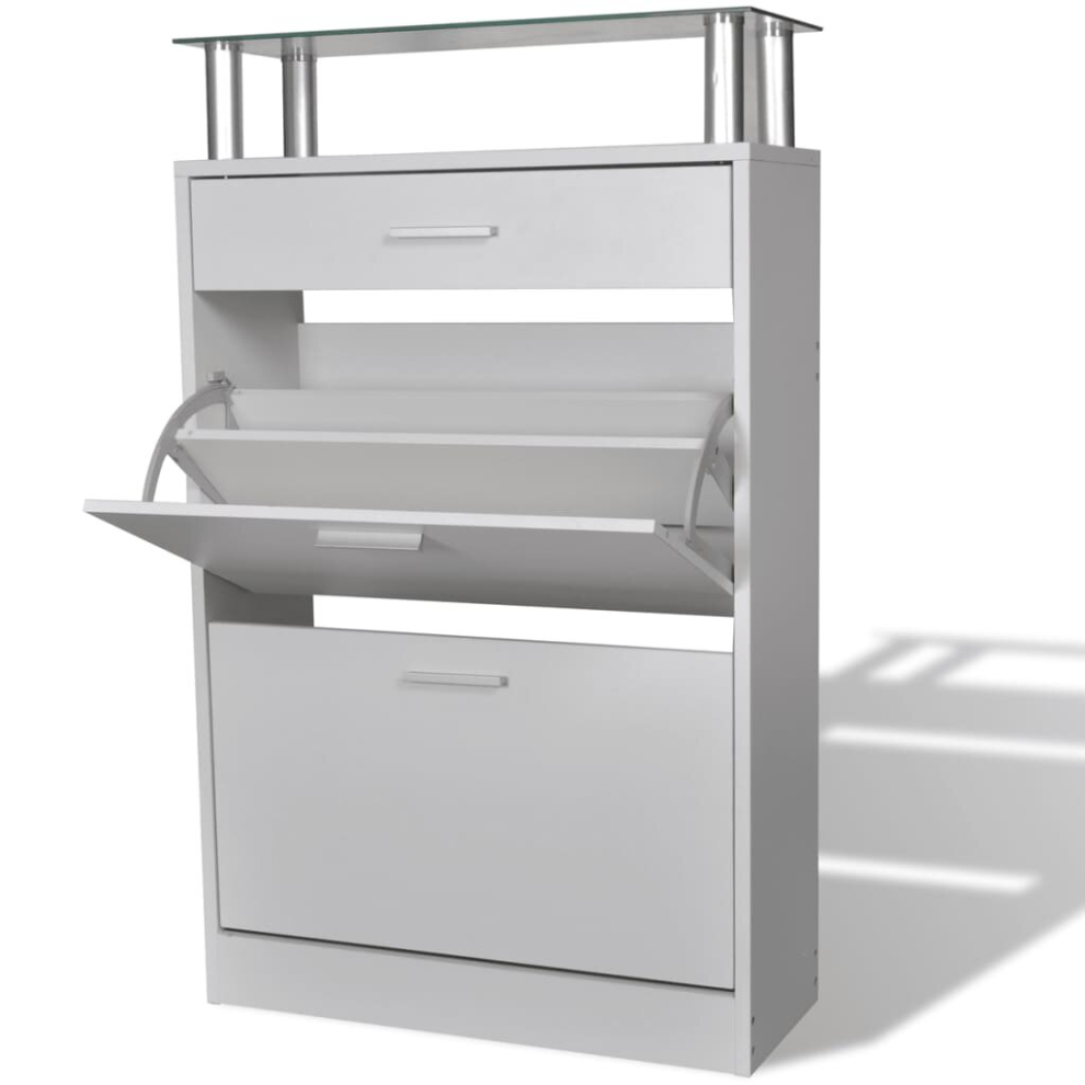 vidaXL Shoe Cabinet with a Drawer and a Top Glass Shelf Wood White Storage