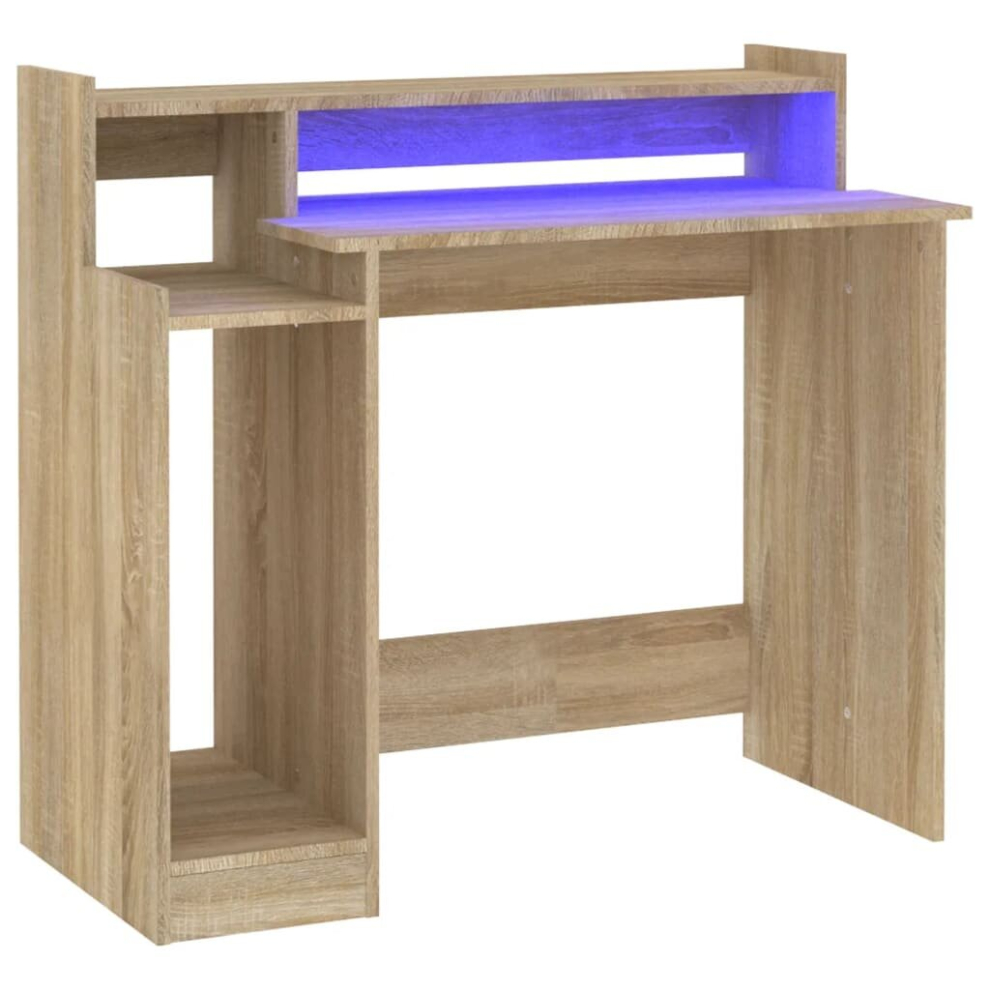 (Sonoma oak) vidaXL Desk with LED Lights Computer Table Study Writing Desk Engineered Wood