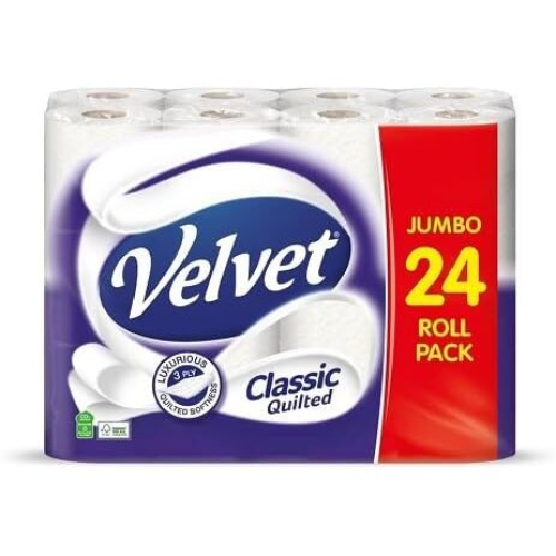 Velvet Classic Quilted Toilet Paper Bulk Buy, 3 ply, 24 Count