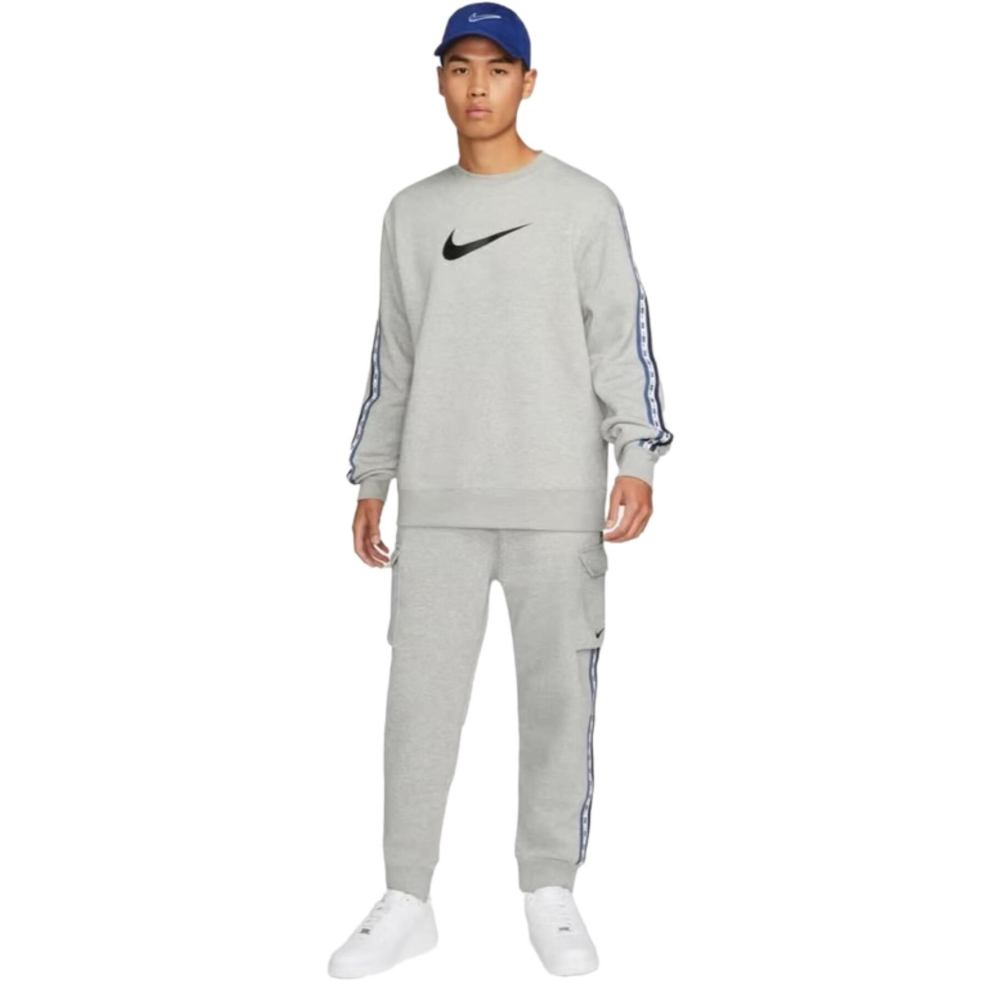 (Grey, S) Nike Men Fleece Cargo Crew Neck Cotton Sweat Tracksuit Set