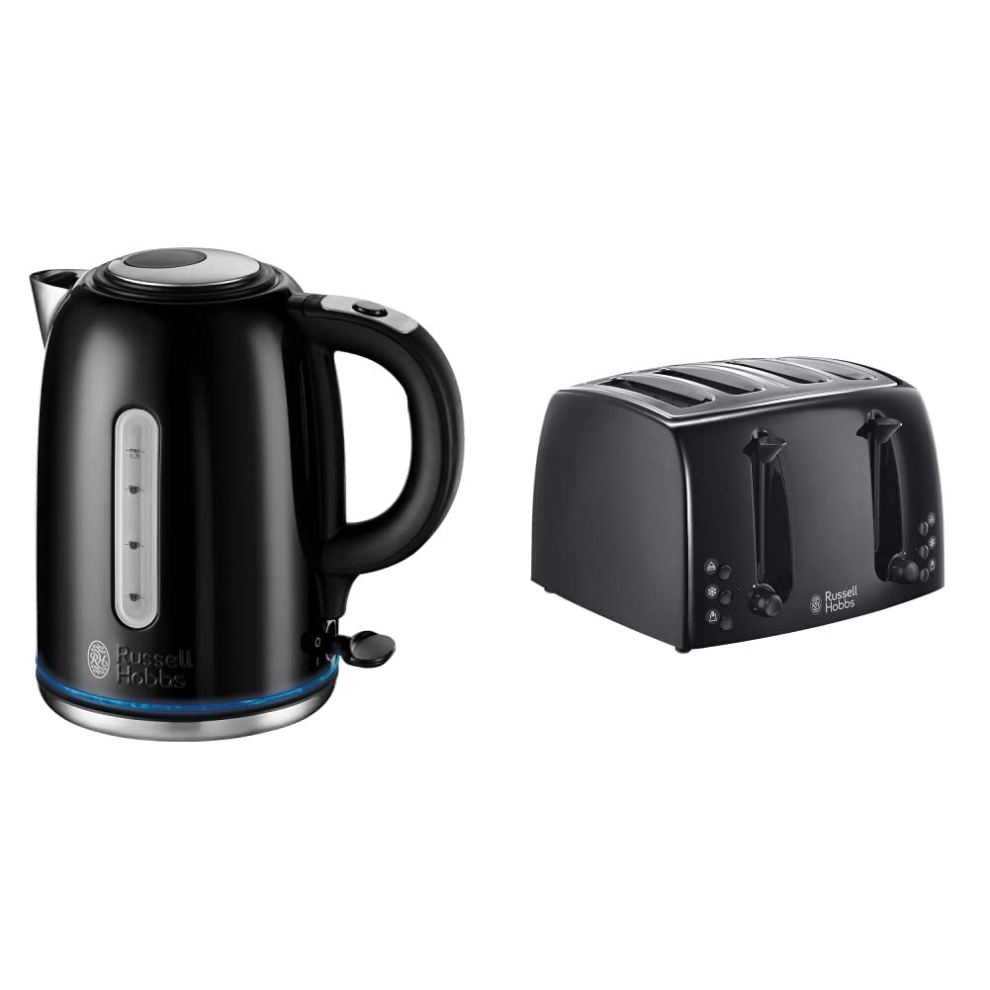 Russell Hobbs 20462 Quiet Boil Kettle, Black & 21651 Textures 4-Slice Toaster 21651-Black, Plastic, Black