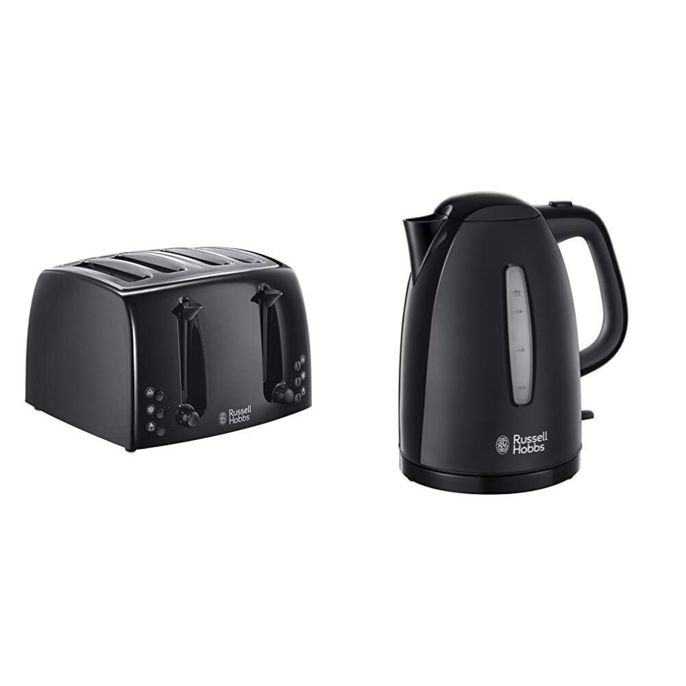 Russell Hobbs 21651 Textures 4-Slice Toaster, Black with 21271 Textures Plastic Kettle, 1.7 L, 3000 W, Black