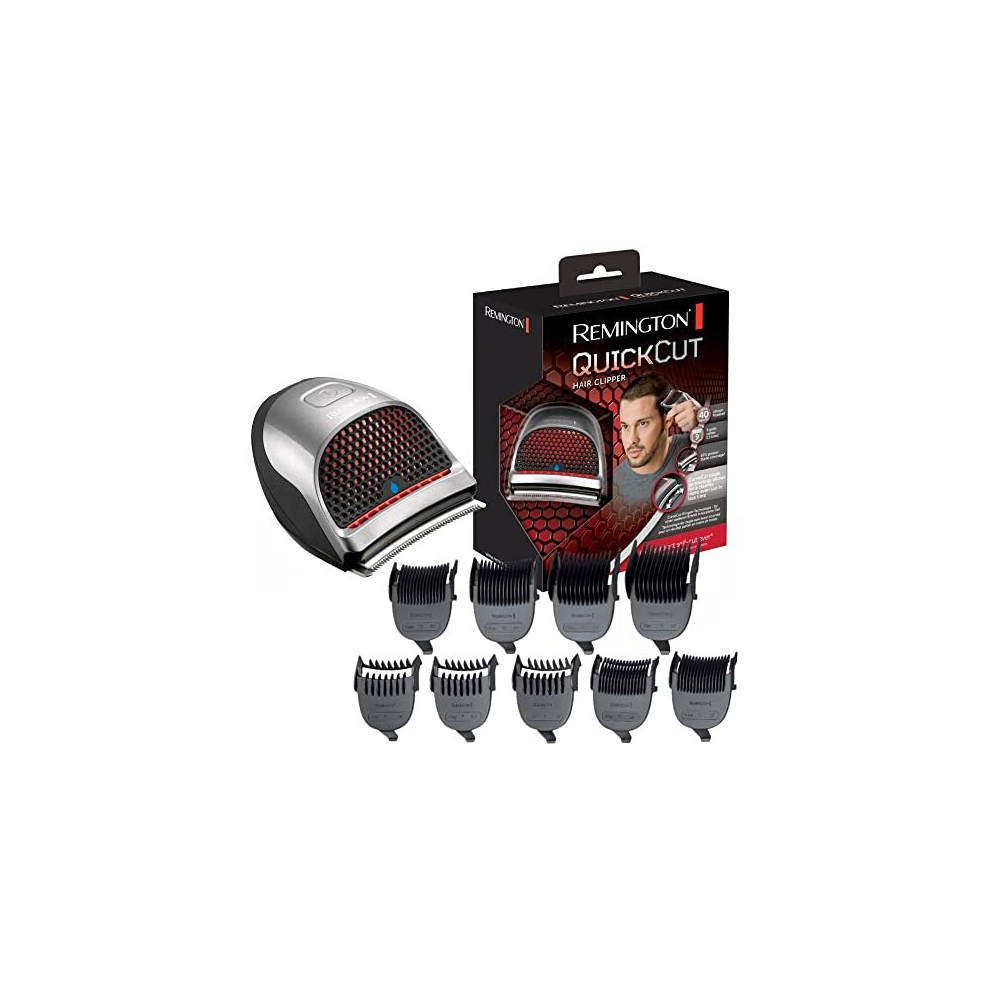 Remington Quick Cut Hair Clippers with 9 Comb Lengths Curved Blade for Rapid Hair Trimming Detailing with Storage Pouch - HC4250, Black/Red