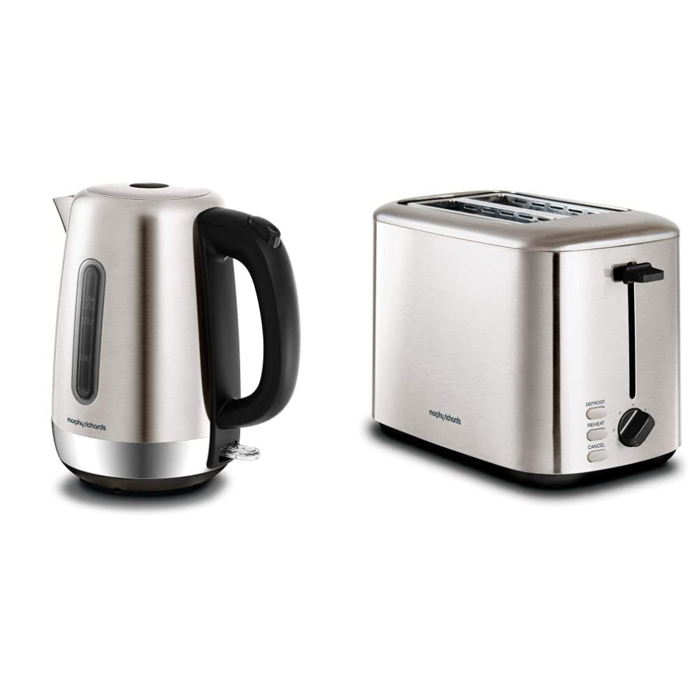 Morphy Richards 102786 Brushed Equip Stainless Steel Jug Kettle, 3000 W, 1.7 Litre, Brushed & 222067 Brushed Equip 2 Slice Stainless Steel Toaster, 80