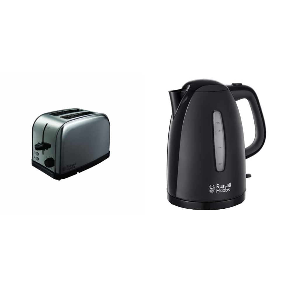 Russell Hobbs Futura 2-Slice Toaster 18780 - Stainless Steel Silver & Textures Plastic Kettle 21271, 1.7 L, 3000 W - Black