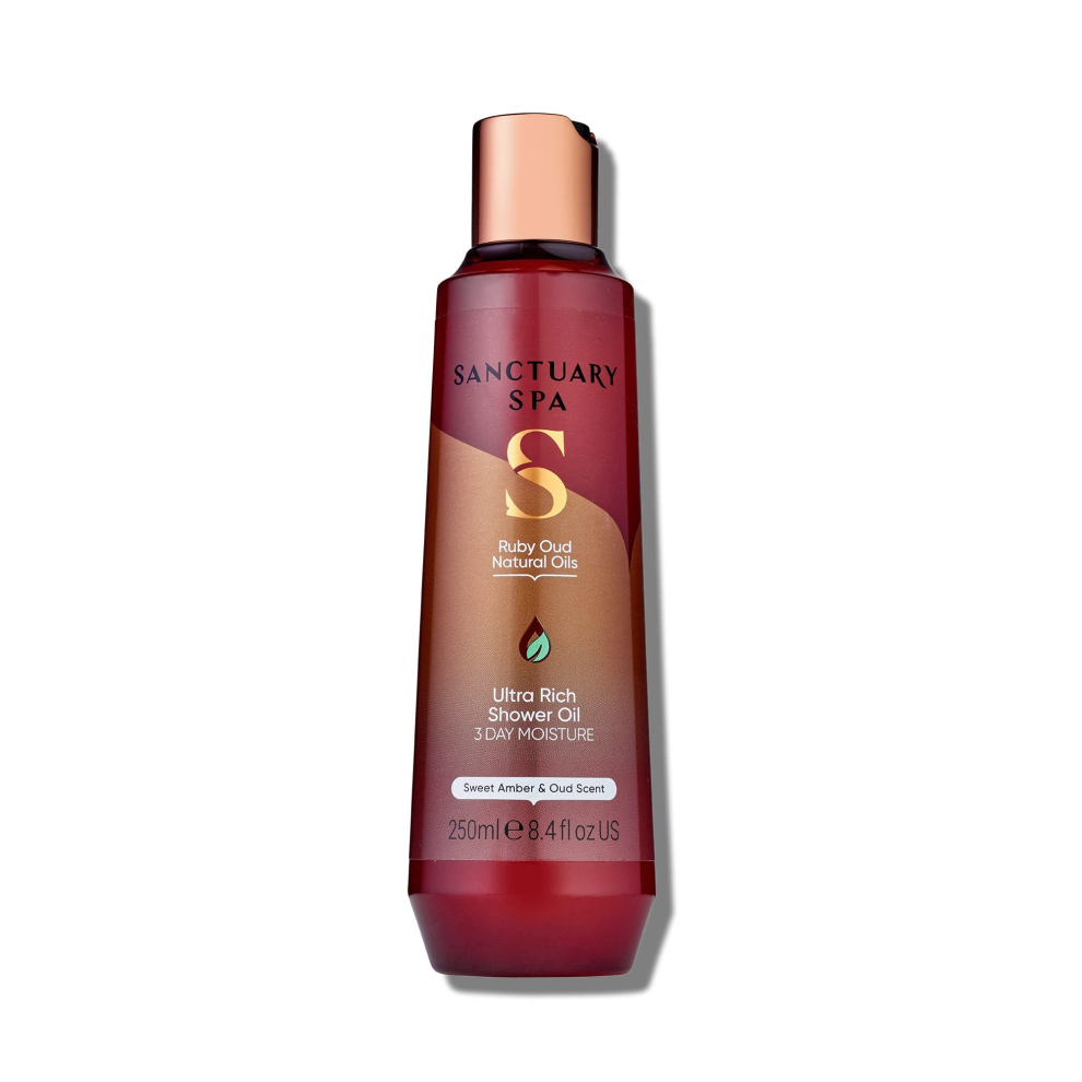 Sanctuary Spa Amber, Ruby Oud Shower Oil for Dry Skin, No Mineral Oil, Cruelty Free and Vegan, Red, 250 ml