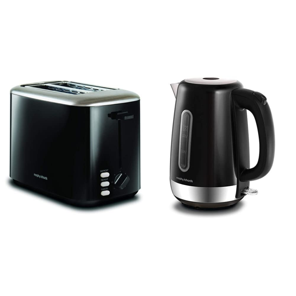 Morphy Richards Equip Black 2 Slice Toaster - Defrost And Reheat Settings - 2 Slot - Stainless Steel - 222064 & Equip Black Jug Kettle - 1.7L - Rapid