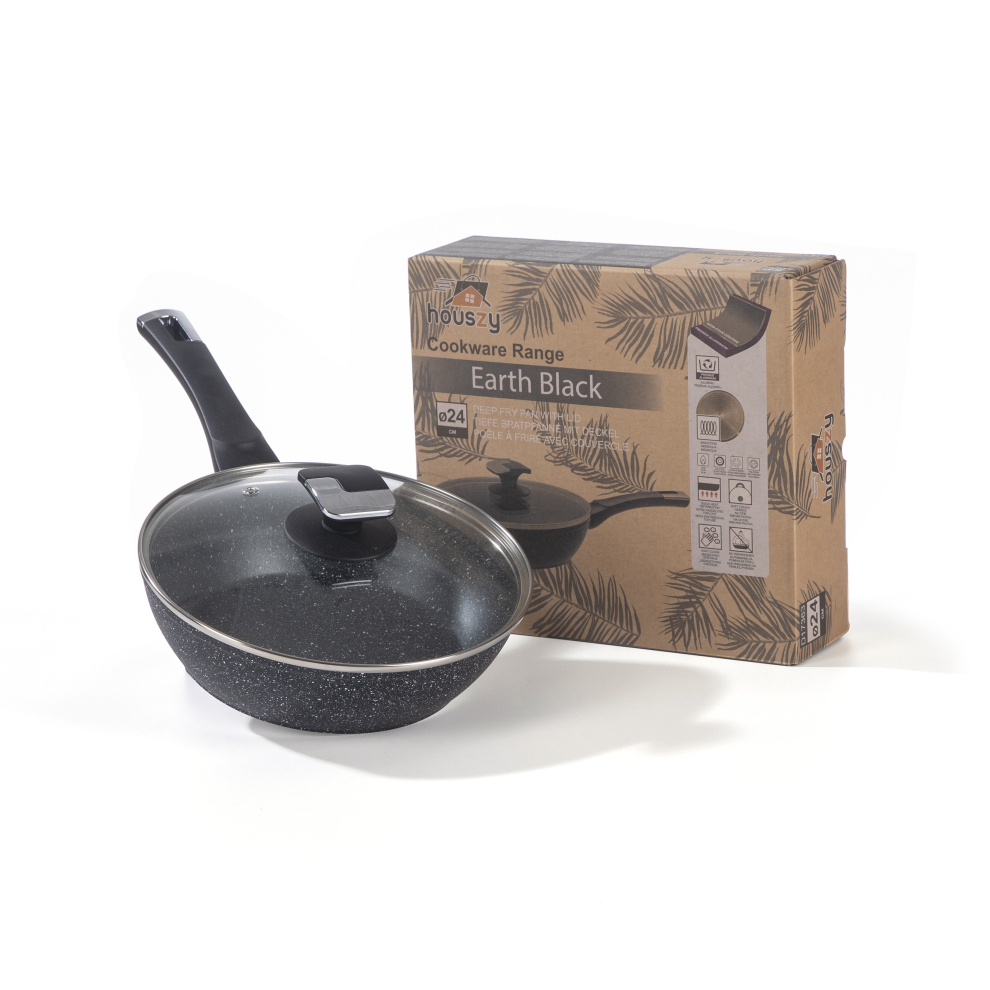 HOUSZY 24 cm Non-Stick Deep Frying Pan Skillet with Tempered Glass Lid