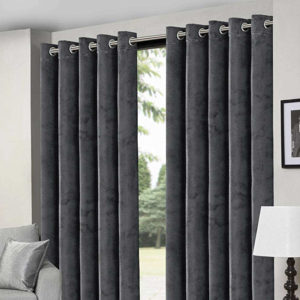 (Charcoal, 66" x 72" (168cm x 183cm)) Thick Heavy Velvet Curtain PAIR Eyelet Ring Top Fully Lined Ready Made Curatins