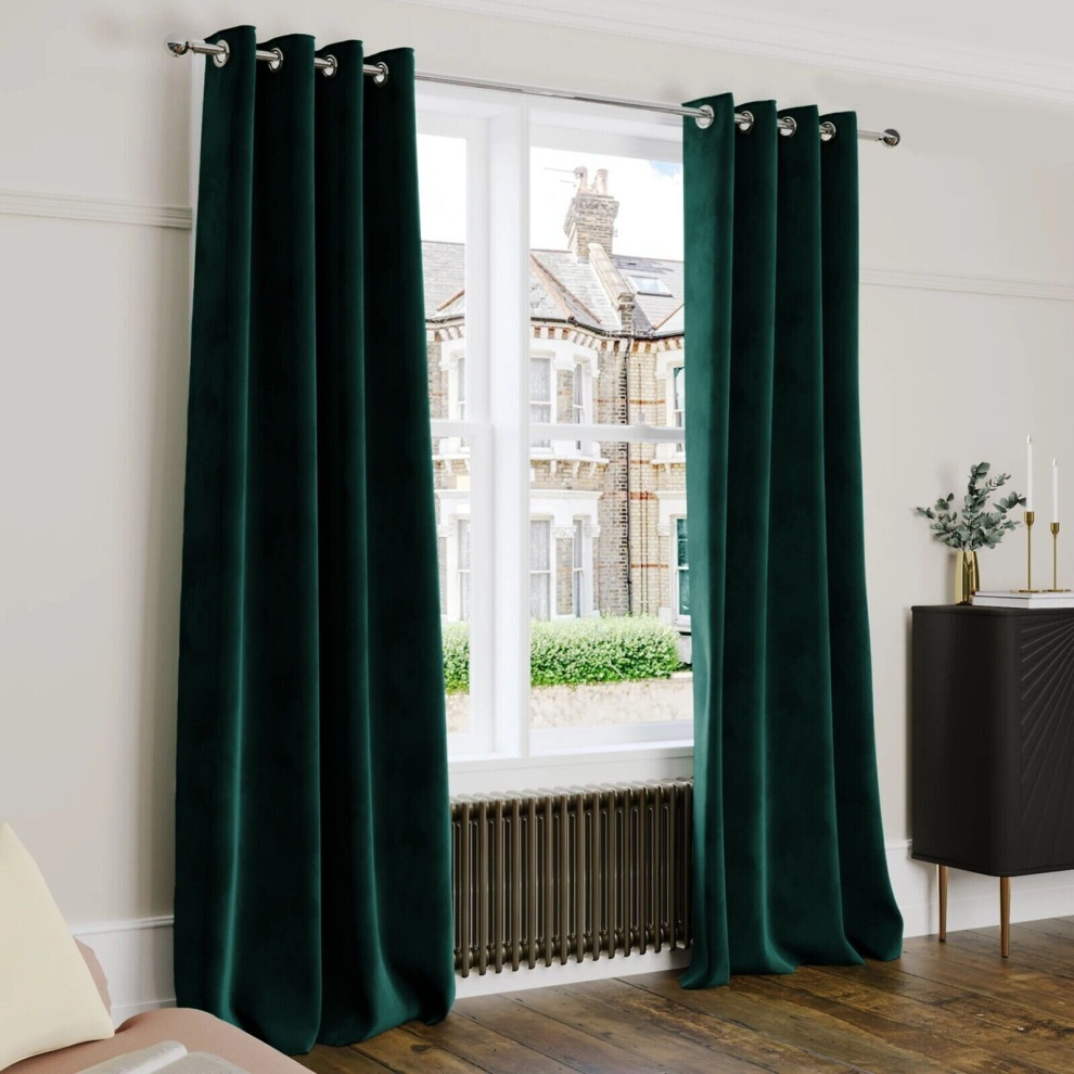 (Green, 66" x 90" (168cm x 228cm)) Thick Heavy Velvet Curtain PAIR Eyelet Ring Top Fully Lined Ready Made Curatins