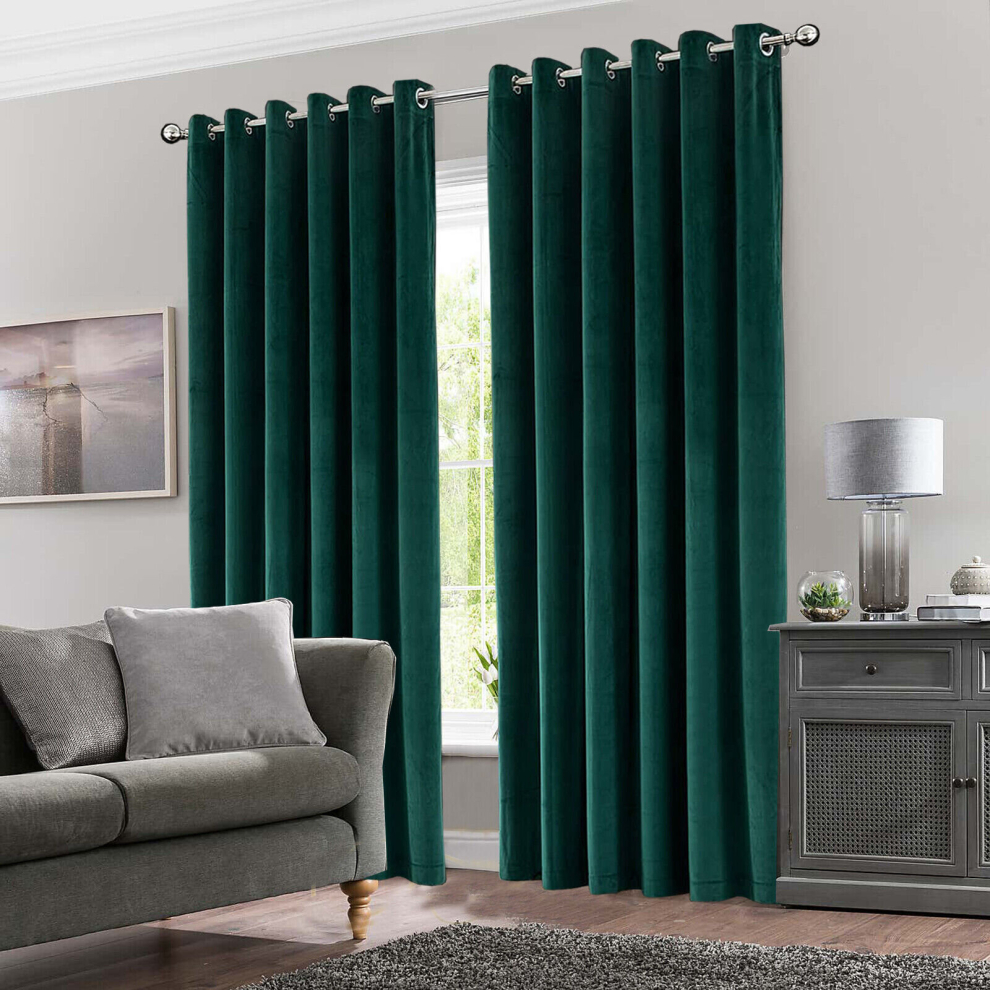 (Green, 90" x 90" (228cm x 228cm)) Thick Heavy Velvet Curtain PAIR Eyelet Ring Top Fully Lined Ready Made Curatins