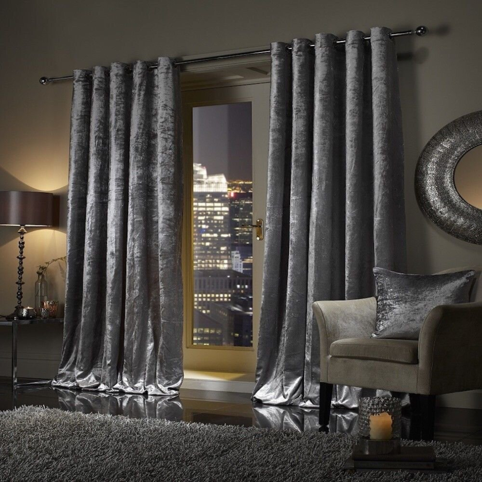 (Grey, 66" x 72" (168cm x 183cm)) Thick Heavy Velvet Curtain PAIR Eyelet Ring Top Fully Lined Ready Made Curatins