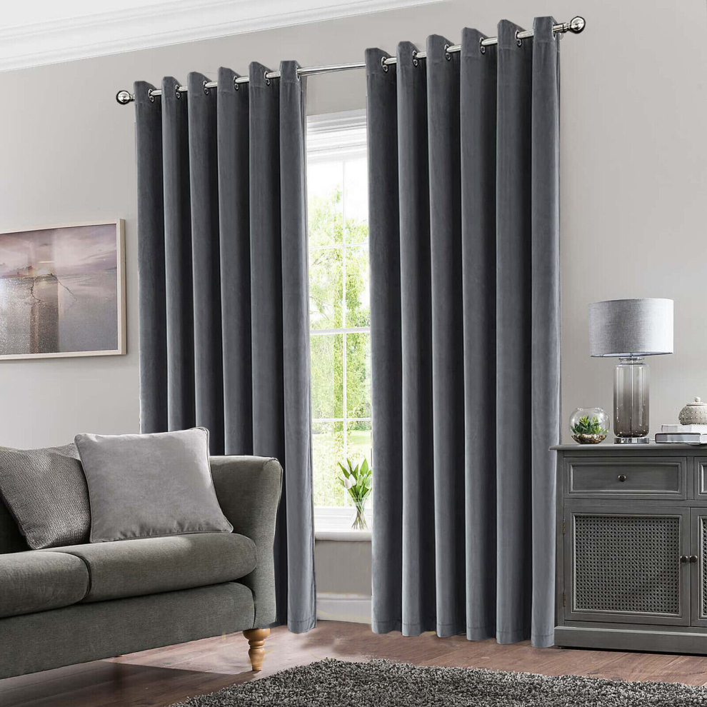 (Grey, 90" x 90" (228cm x 228cm)) Thick Heavy Velvet Curtain PAIR Eyelet Ring Top Fully Lined Ready Made Curatins