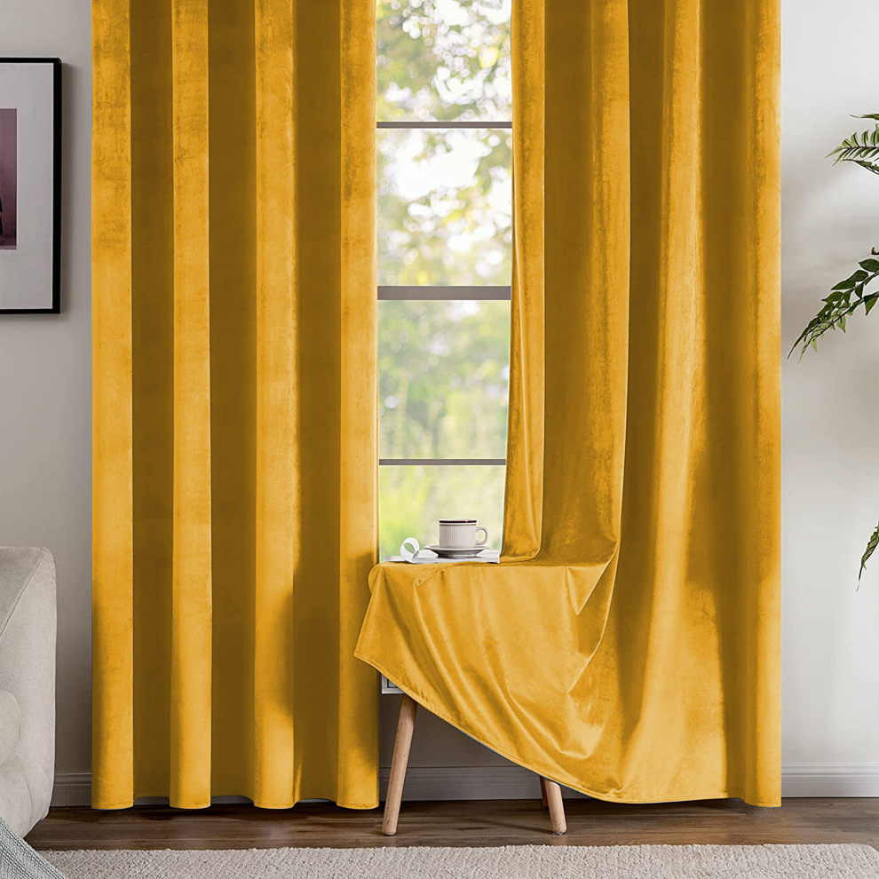 (Ochre, 66" x 54" (168cm x 137cm)) Thick Heavy Velvet Curtain PAIR Eyelet Ring Top Fully Lined Ready Made Curatins