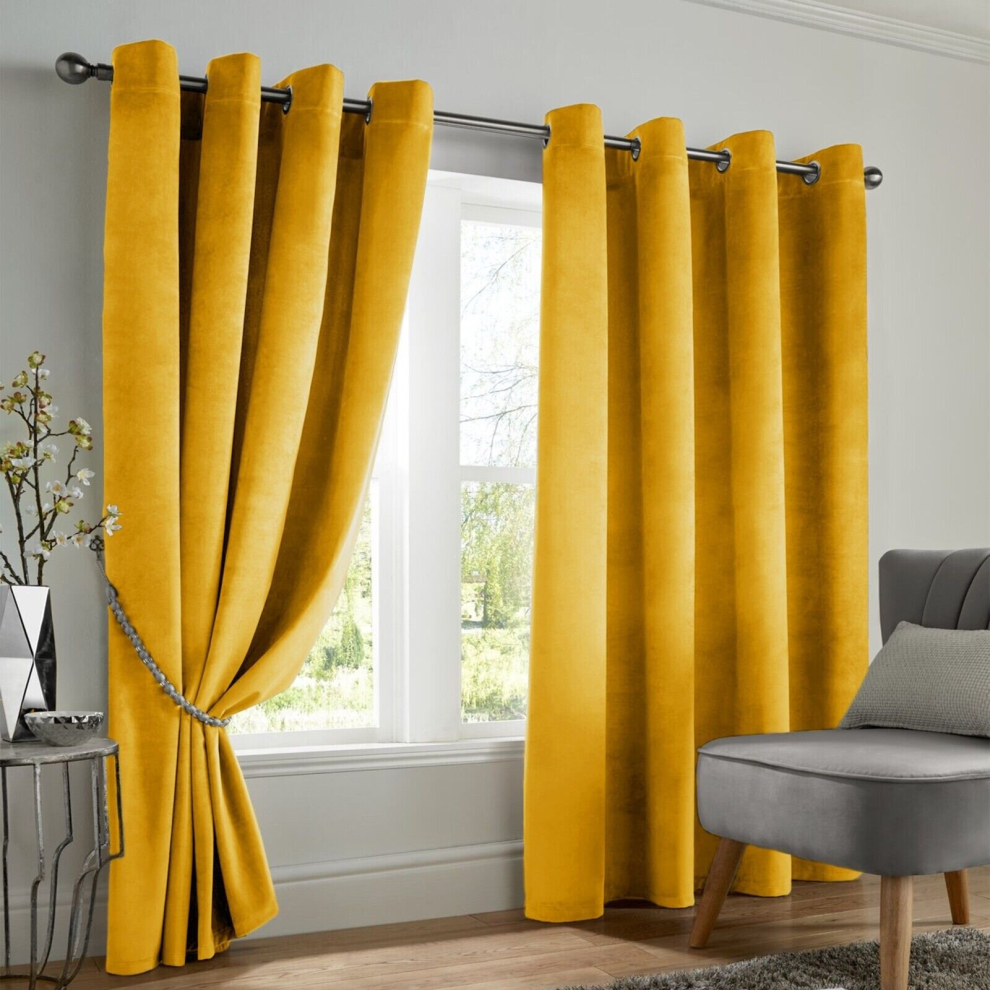 (Ochre, 90" x 90" (228cm x 228cm)) Thick Heavy Velvet Curtain PAIR Eyelet Ring Top Fully Lined Ready Made Curatins