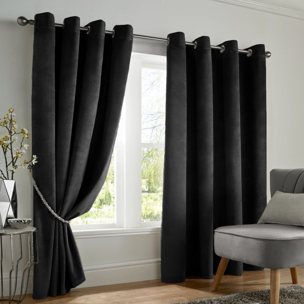 (Black , 90" x 90" (228cm x 228cm)) Thick Heavy Velvet Curtain PAIR Eyelet Ring Top Fully Lined Ready Made Curatins