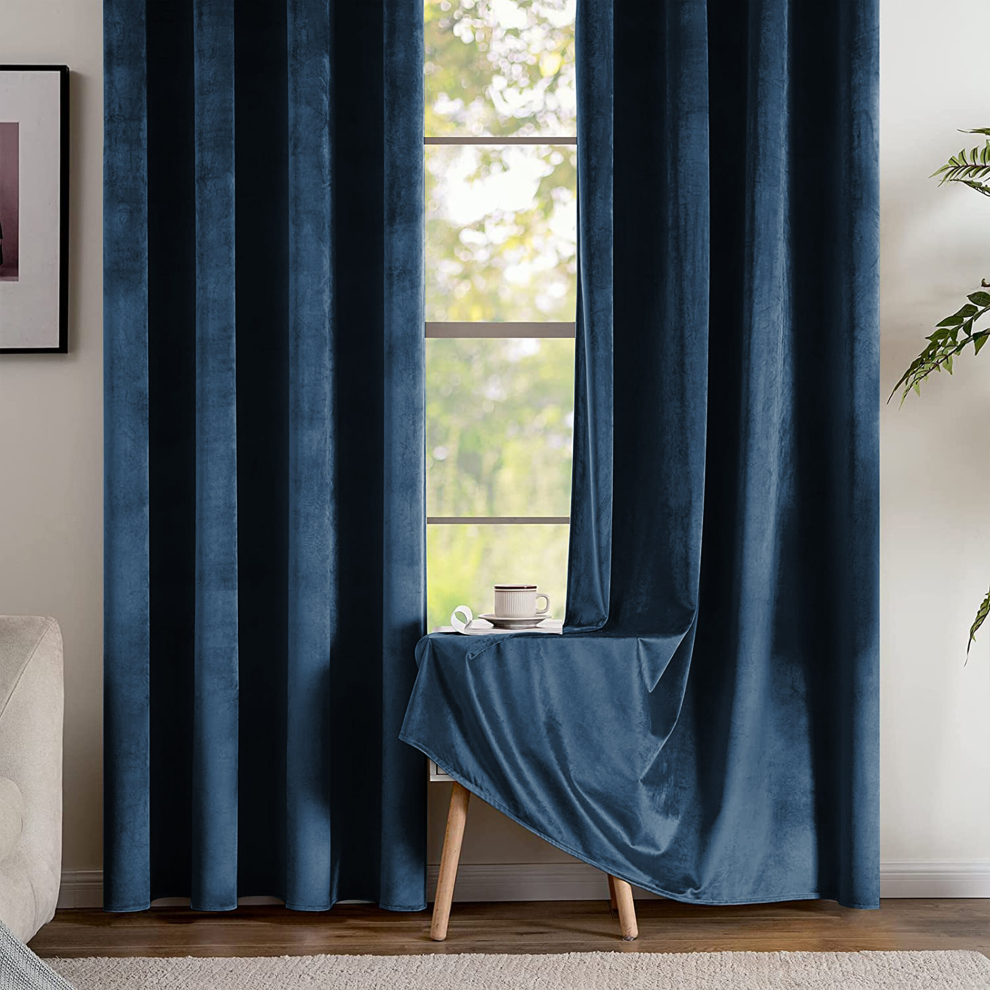 (Blue, 66" x 54" (168cm x 137cm)) Thick Heavy Velvet Curtain PAIR Eyelet Ring Top Fully Lined Ready Made Curatins