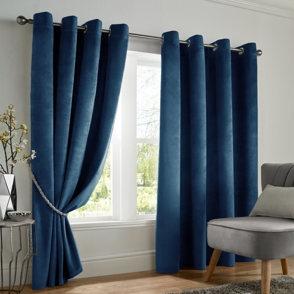 (Blue, 90" x 90" (228cm x 228cm)) Thick Heavy Velvet Curtain PAIR Eyelet Ring Top Fully Lined Ready Made Curatins