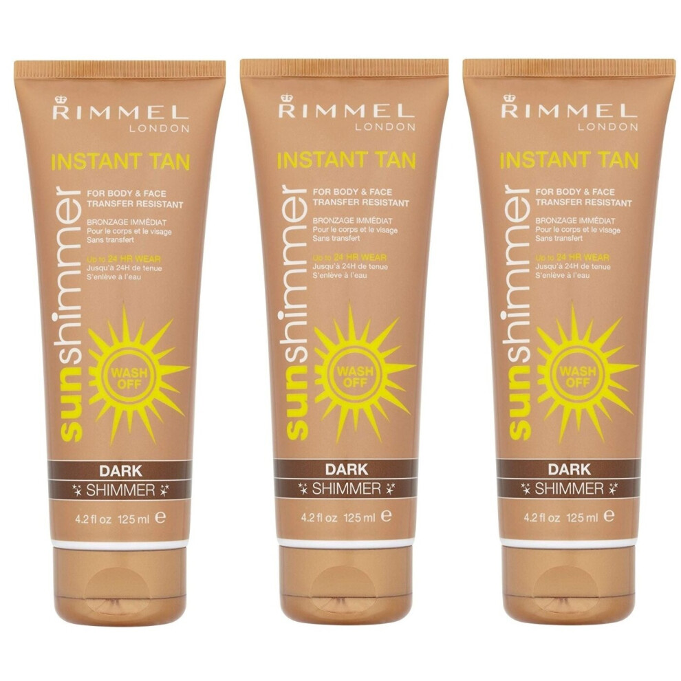 3 x Rimmel Sunshimmer Instant Tan Makeup, Dark Shimmer 125 ml