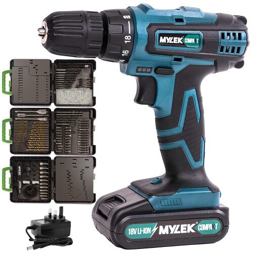 MYLEK (204-Piece) 18V VCB Cordless Drill & Drill Bit Kit