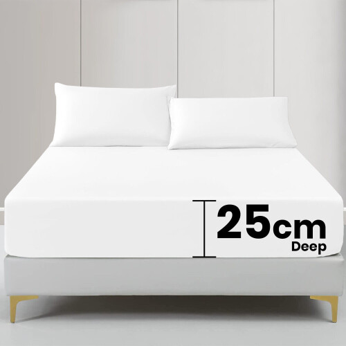 (White , Double (137 x 190 cm)) Fitted Sheet Bed Sheets Extra Deep 25CM