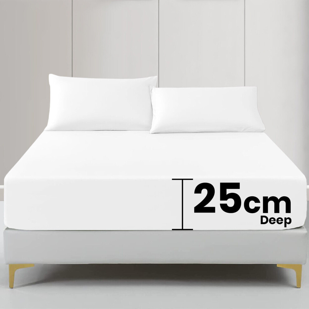 (White , Double (137 x 190 cm)) Fitted Sheet Bed Sheets Extra Deep 25CM Single Double King Sizes