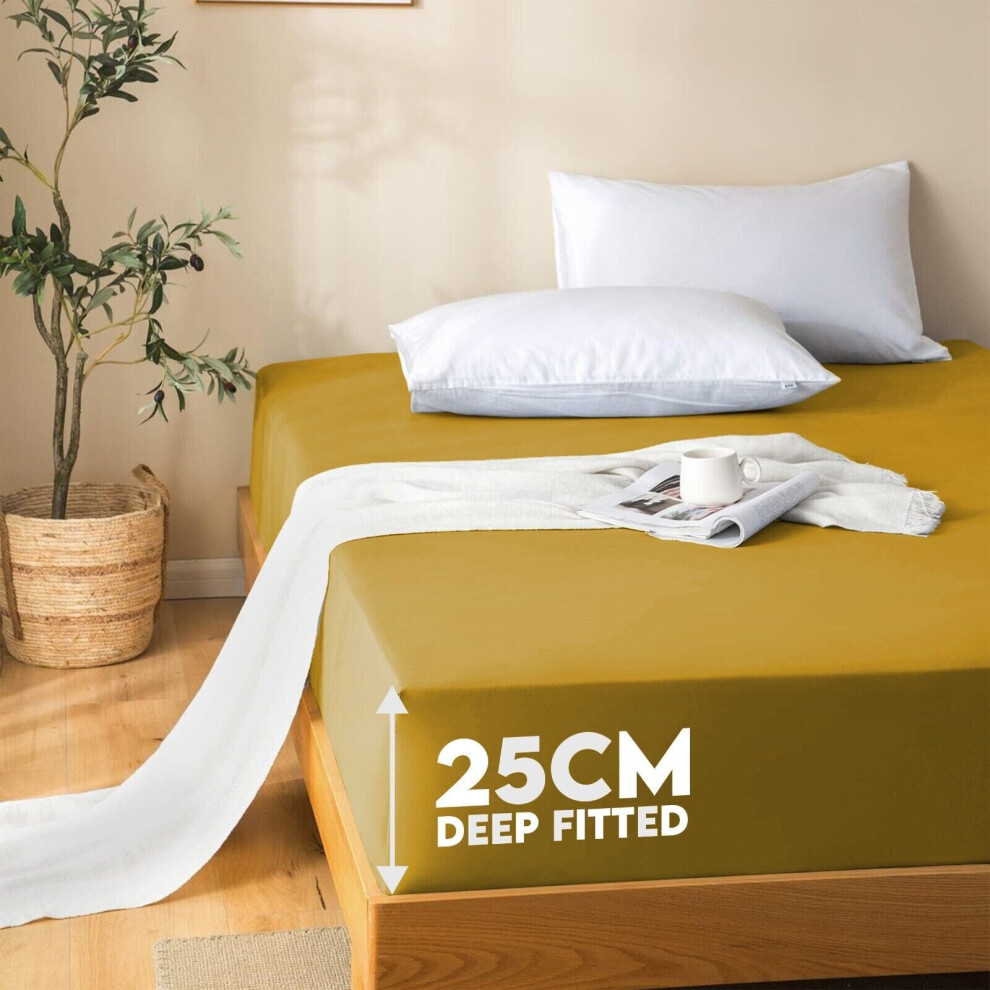 (Ocher, Double (137 x 190 cm)) Fitted Sheet Bed Sheets Extra Deep 25CM Single Double King Sizes