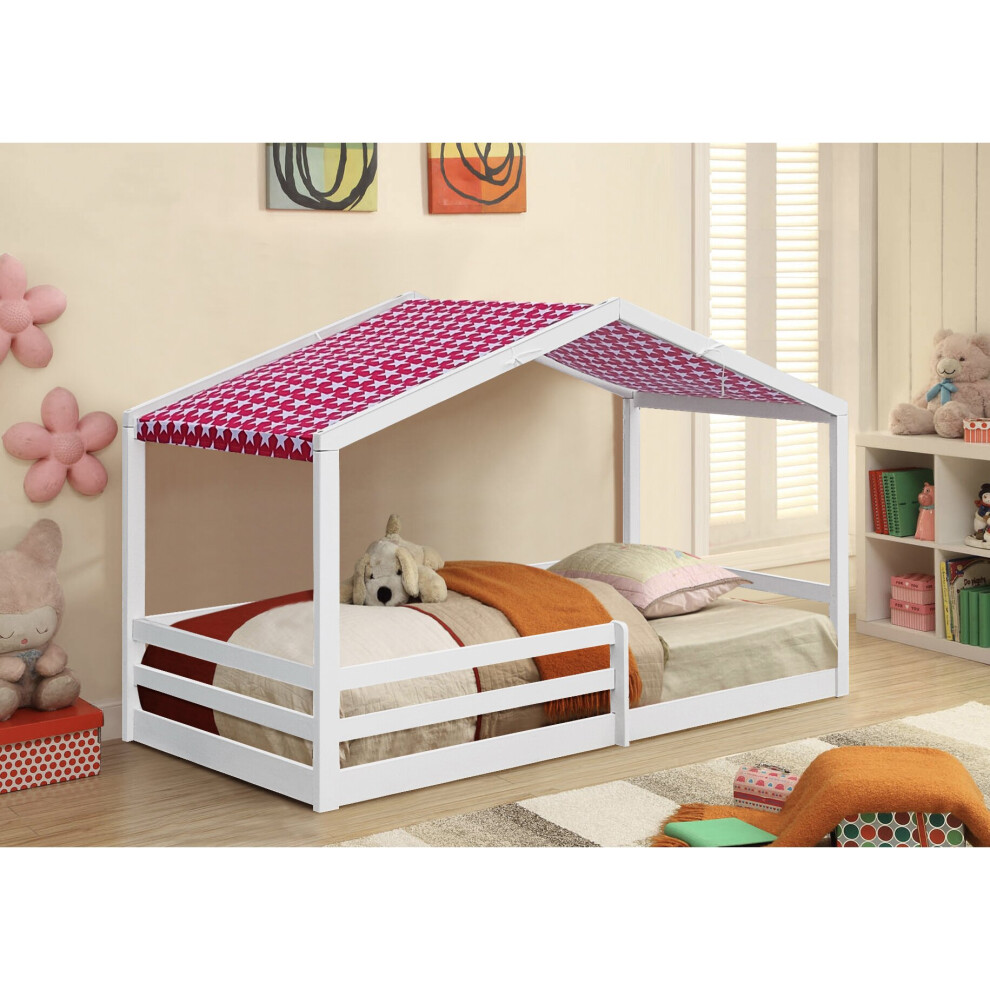 (With Tanya Mattress, With Red Tent) 3ft White Wooden House Bed With Tent And Mattress Options