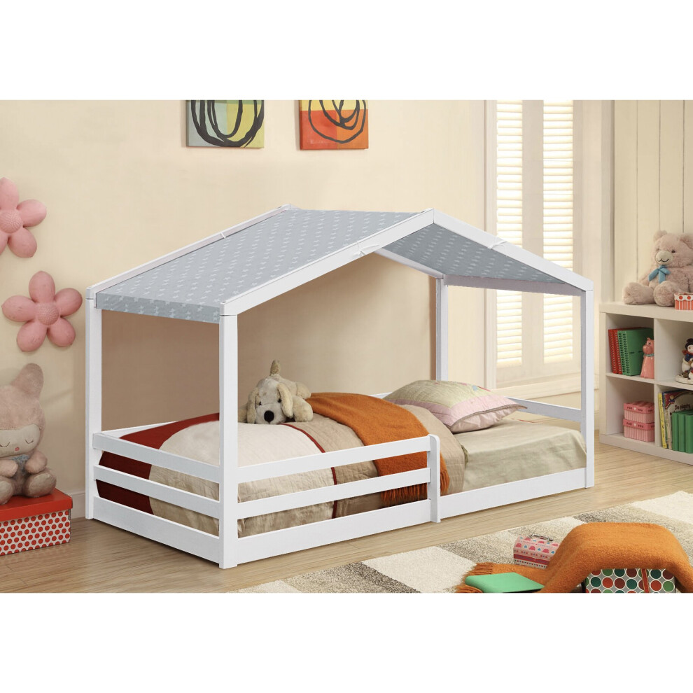 (With Tanya Mattress, With Grey Tent ) 3ft White Wooden House Bed With Tent And Mattress Options