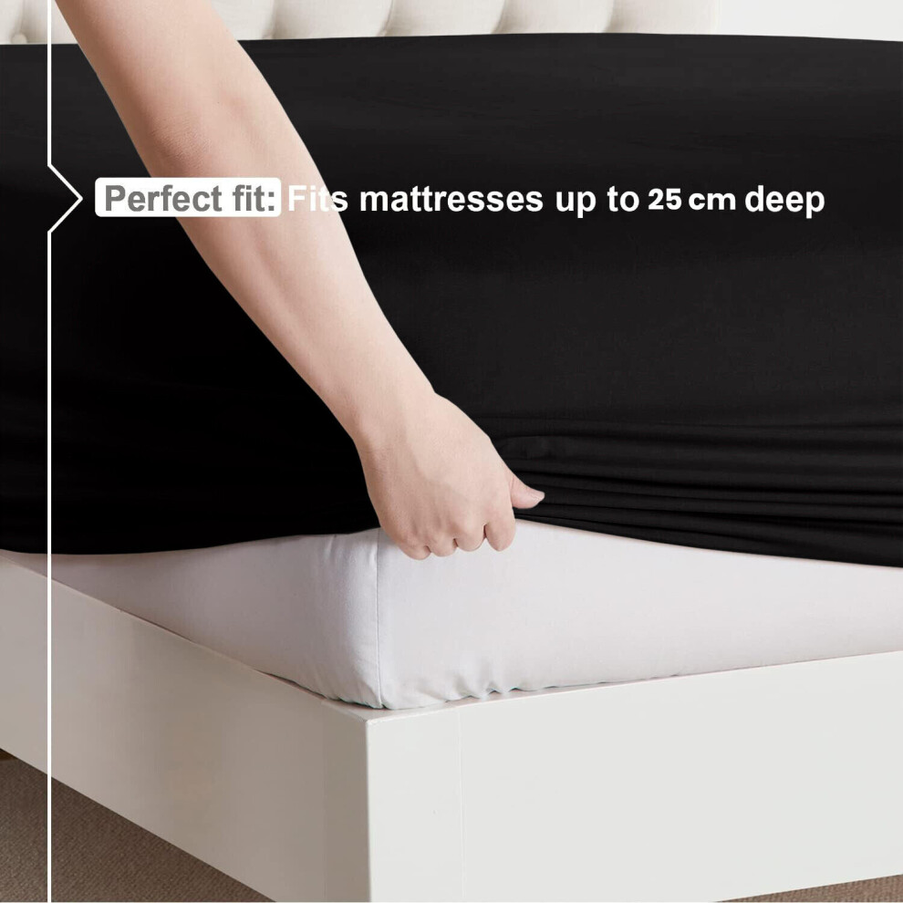 (Black, Double (137 x 190 cm)) Fitted Sheet Bed Sheets Extra Deep 25CM Single Double King Sizes