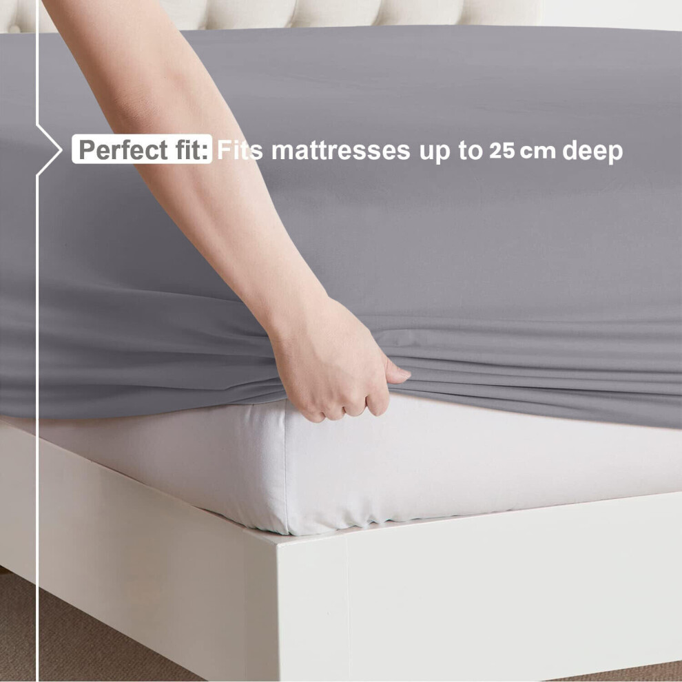 (Grey, Single (90 x 191 cm)) Fitted Sheet Bed Sheets Extra Deep 25CM Single Double King Sizes