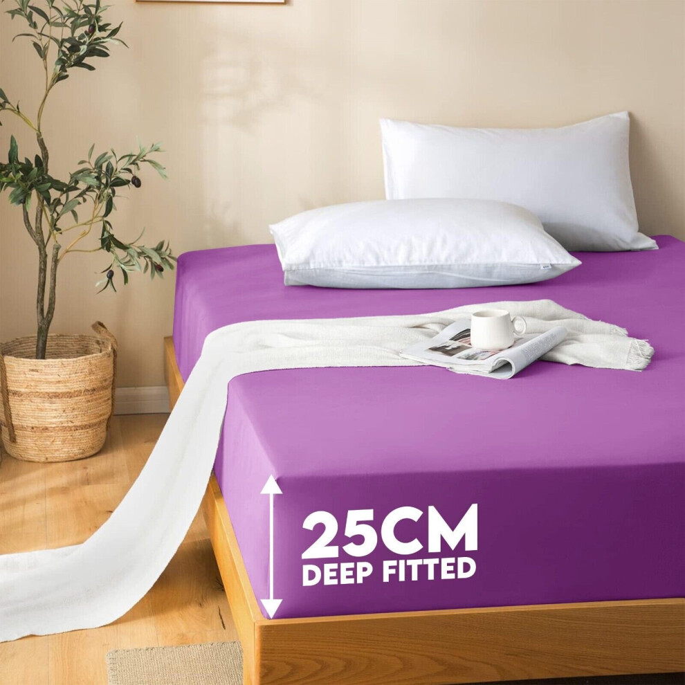 (Violet, Super King (180 x 200 cm)) Fitted Sheet Bed Sheets Extra Deep 25CM Single Double King Sizes