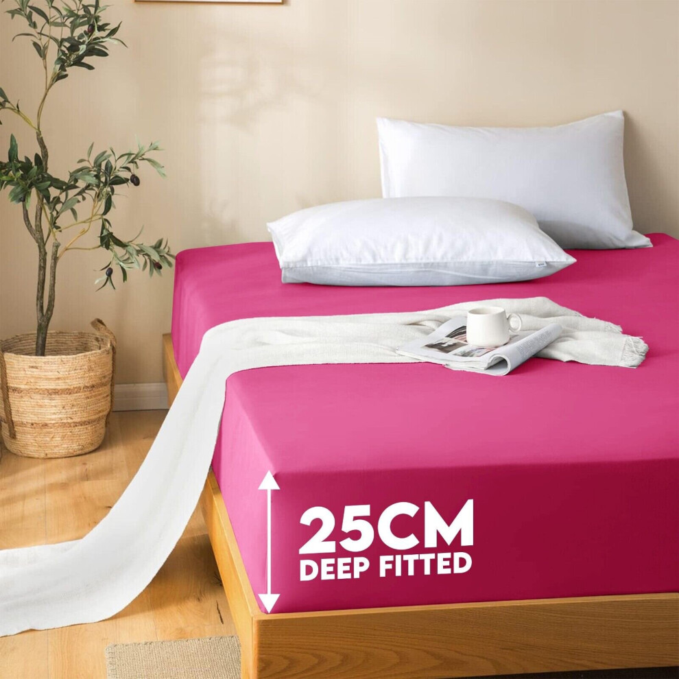 (Pink , Double (137 x 190 cm)) Fitted Sheet Bed Sheets Extra Deep 25CM Single Double King Sizes