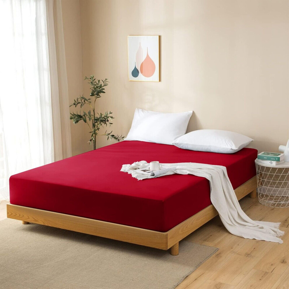 (Red, Super King (180 x 200 cm)) Fitted Sheet Bed Sheets Extra Deep 25CM Single Double King Sizes