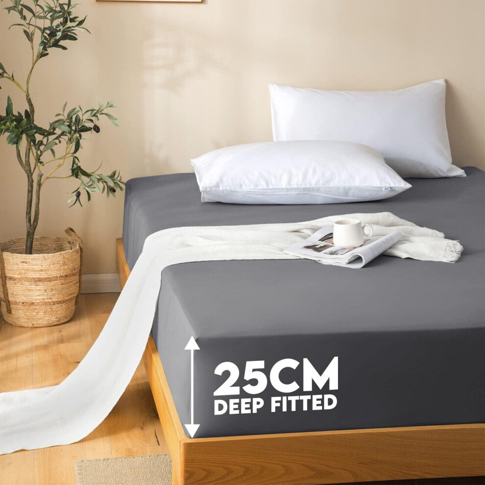 (Grey, Super King (180 x 200 cm)) Fitted Sheet Bed Sheets Extra Deep 25CM Single Double King Sizes