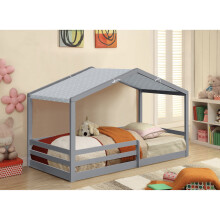 (With Tanya Mattress, With Grey Tent ) 3ft Grey Wooden House Bed With Tent And Mattress Options
