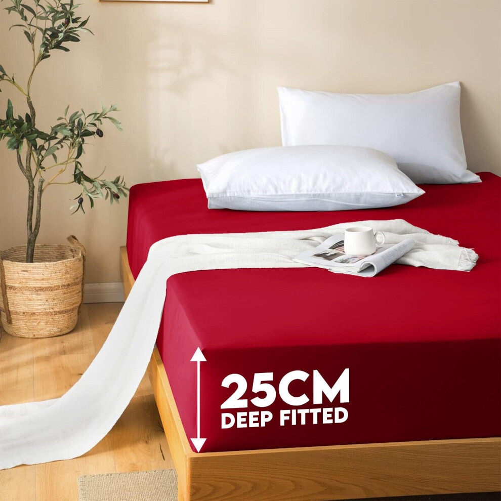 (Red, Single (90 x 191 cm)) Fitted Sheet Bed Sheets Extra Deep 25CM Single Double King Sizes