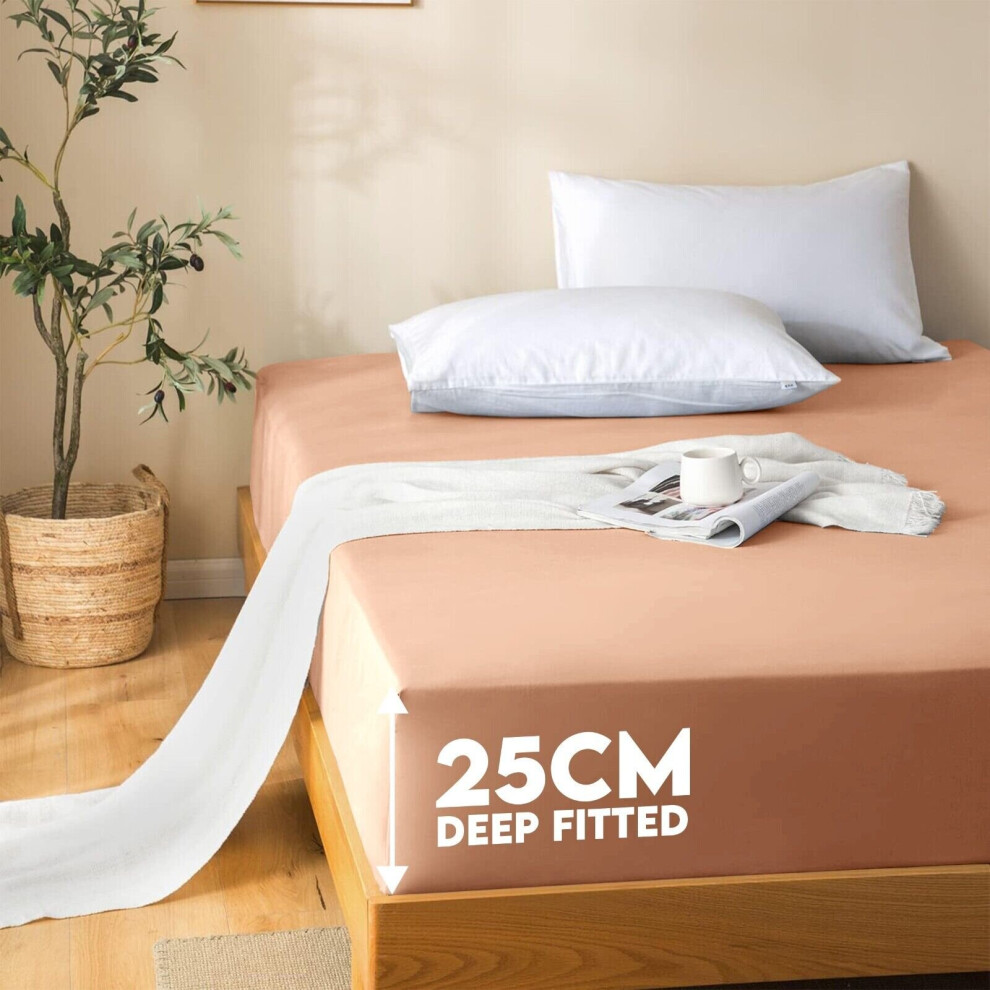 (Peach, Single (90 x 191 cm)) Fitted Sheet Bed Sheets Extra Deep 25CM Single Double King Sizes